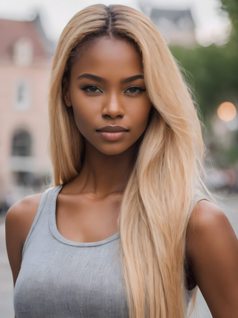 ((portrait)) ((stunning)) detailed, a beautiful young happy melanin girl, long straight blonde hair, grey crop top