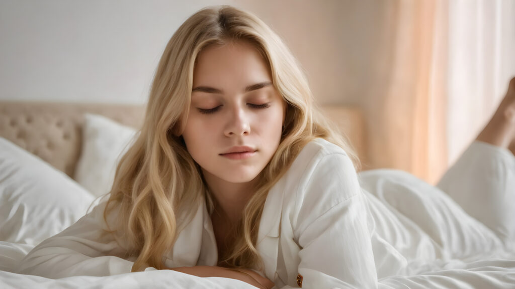 portrait of a cute sleeping girl, blonde straight hair, white night suit, closed eyes, in an comfortable bed