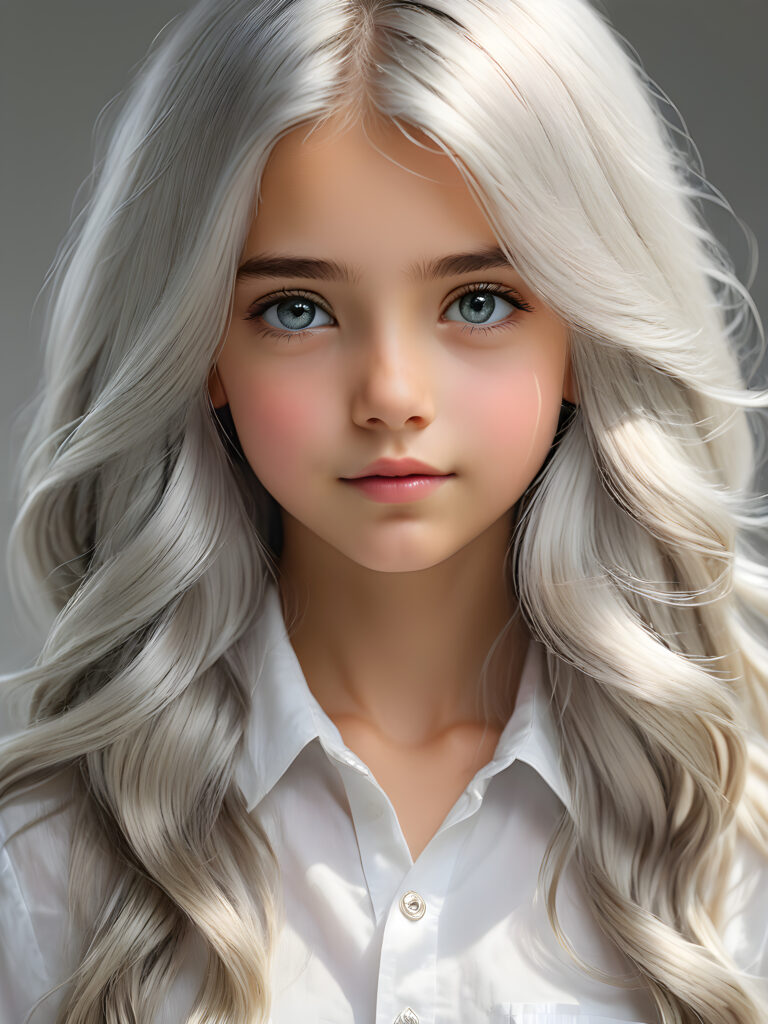 super realistic, detailed portrait, a beautiful young girl with long silver hair looks sweetly into the camera. She wears a white shirt