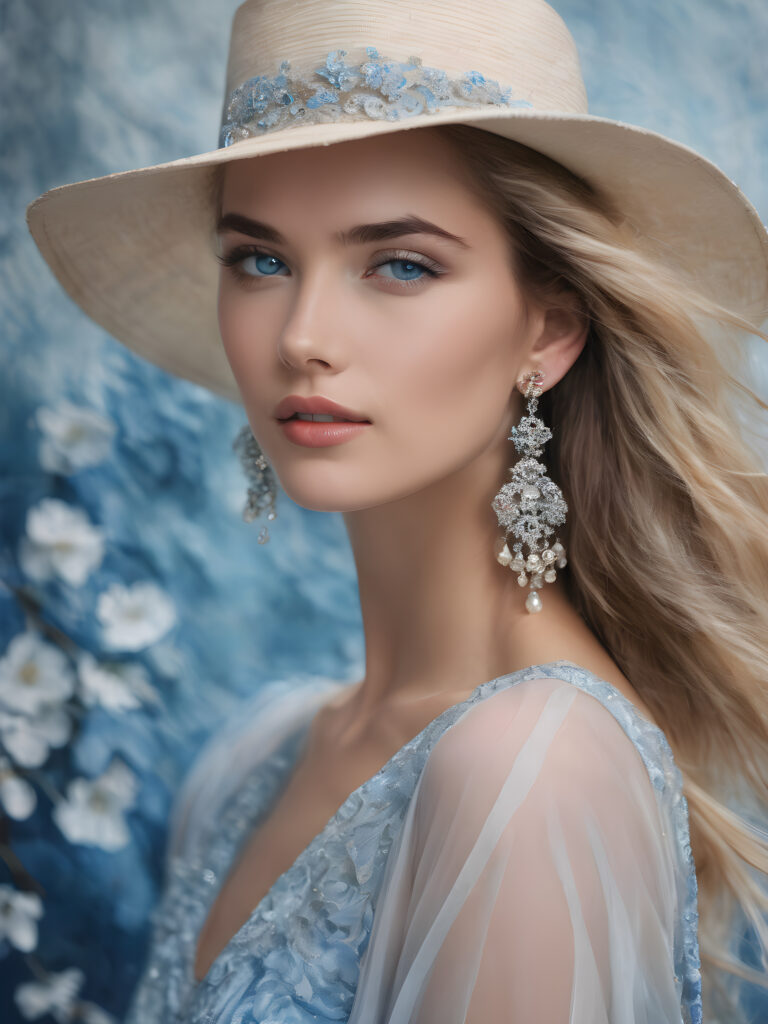 a breathtakingly beautiful (((female model))) with one visible shoulder, wearing a sleek hat and a ((blurry, blue-eyed backdrop)), accessorized with delicate jewelry and (((barely noticeable)) earrings), all against a softly diffused (+SSXL Professional Photo realistic Diffusion: 1.2+) backdrop that exudes high definition and excellent quality. The advanced prompt communicates the advanced level of realism and excellence required for this advanced prompt