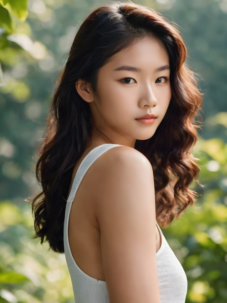 a (((tomboy Asian teen girl))) with long, (((realistically detailed hair))), poised in a (((cinematic light setup))) for a portrat-shot, her face radiant with happiness, featuring a (((flawlessly detailed round face))), a (((short form fitting crop top))) that showcases her perfect physique, and (((realistic details))), such as a (((curvy yet toned silhouette)))