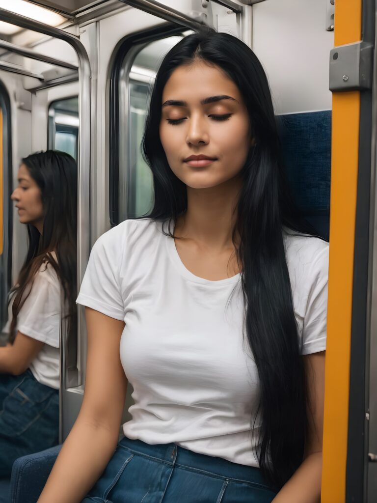 a very nice young girl, sleep and sitting in a train compartment, portrait shot, her long black hair falls over her shoulders, warm smile, closed eyes, she wears a white t-shirt