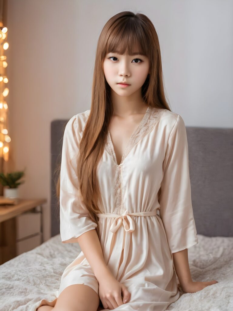 ((portrait)) of (((cute))) (((elegant))) ((attractive)) (((straight hazelnut hair))) ((stunning)) a beautifully realistic, cinematic lights, ((Burmanese teen girl)), 16 years old, getting ready for bed in a short, translucent low cut nightgown, bangs cut, realistic detailed angelic round face, looks tired at the camera