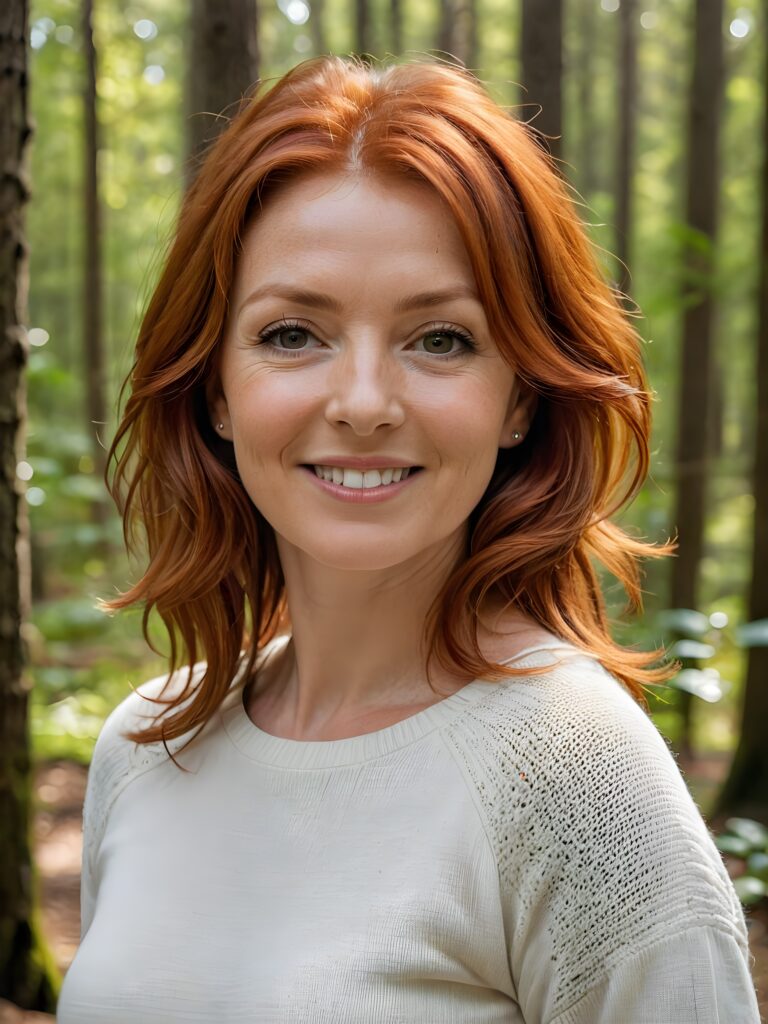 super realistic and detailed portrait: a (((red-haired woman, 54 years old with perfect, fit curved body))), her shoulder-length soft hair framing her smile, full kissable soft lips, stands confidently in a (((natural forest))), ((round, angelic face)), ((she is wearing a soft, white sweater)) ((perfect shadows and light)) ((view from above))