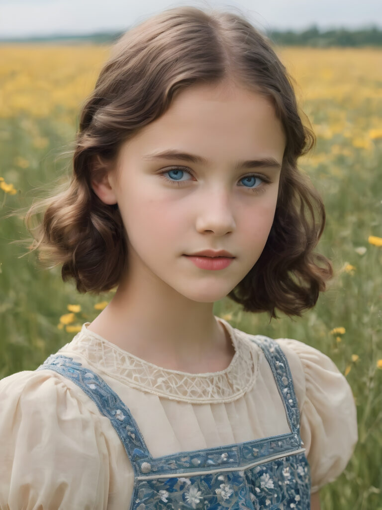 ((detailed perfect portrait)), young girl, 13 years old, stands in a meadow. She is dressed in classic 1930 style, she look at the viewer, detailed shiny straight brown hair, blue eyes, round detailed face, achieving an (8K resolution)