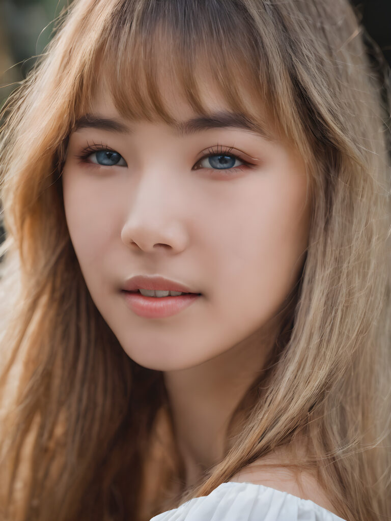 a stunning portrait (((ultra realistic professional photograph))) excellently capturing an amiable, 15 years old Asian girl, blond long straight hair, bangs cut, full lips, blue eyes, smile, side view
