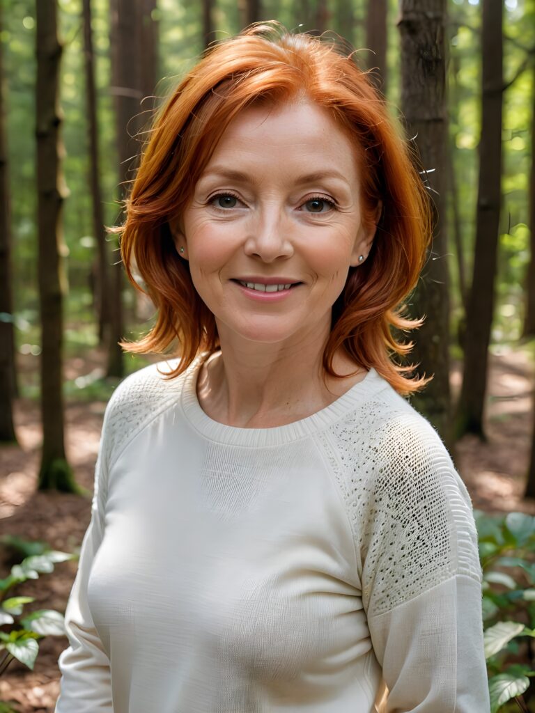 super realistic and detailed portrait: a (((red-haired woman, 64 years old with perfect, fit curved body))), her shoulder-length soft hair framing her smile, full kissable soft lips, stands confidently in a (((natural forest))), ((round, angelic face)), ((she is wearing a soft, white sweater)) ((perfect shadows and light)) ((view from above))