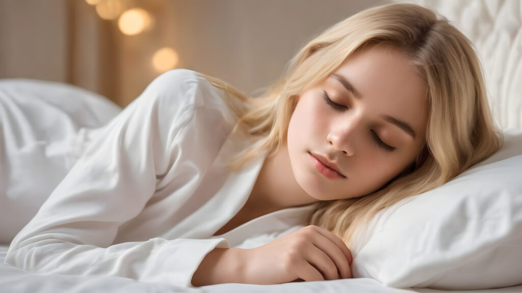 portrait of a cute sleeping girl, blonde straight hair, white night suit, closed eyes, in an comfortable bed