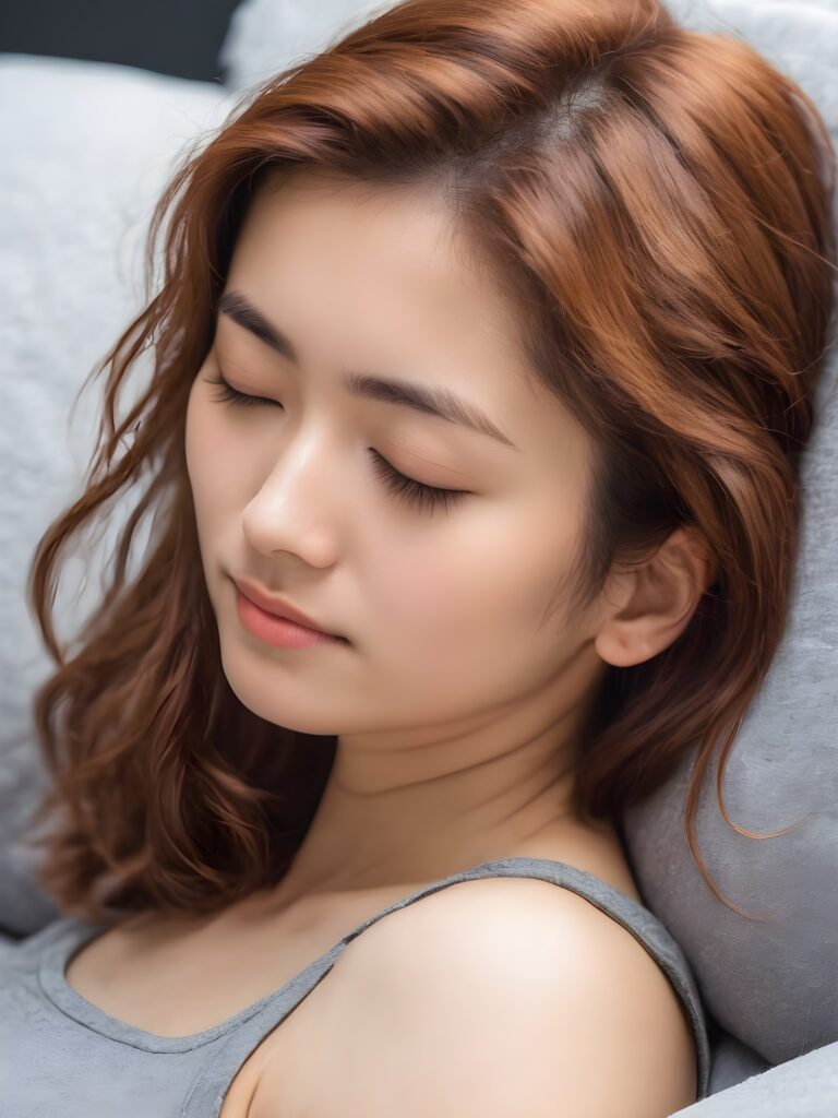 a very nice young Japanese girl is sleeping, portrait shot, her hazelnut hair falls over her shoulders, warm smile, closed eyes, she wears a grey tank top