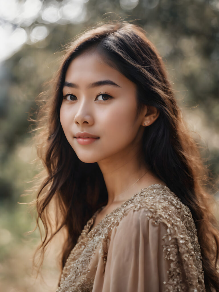 a stunning portrait (((ultra realistic professional photograph))) ((cute)) ((gorgeous)) excellently capturing an amiable, young Burmese teen girl, straight hair, round face, full lips, smile, side view