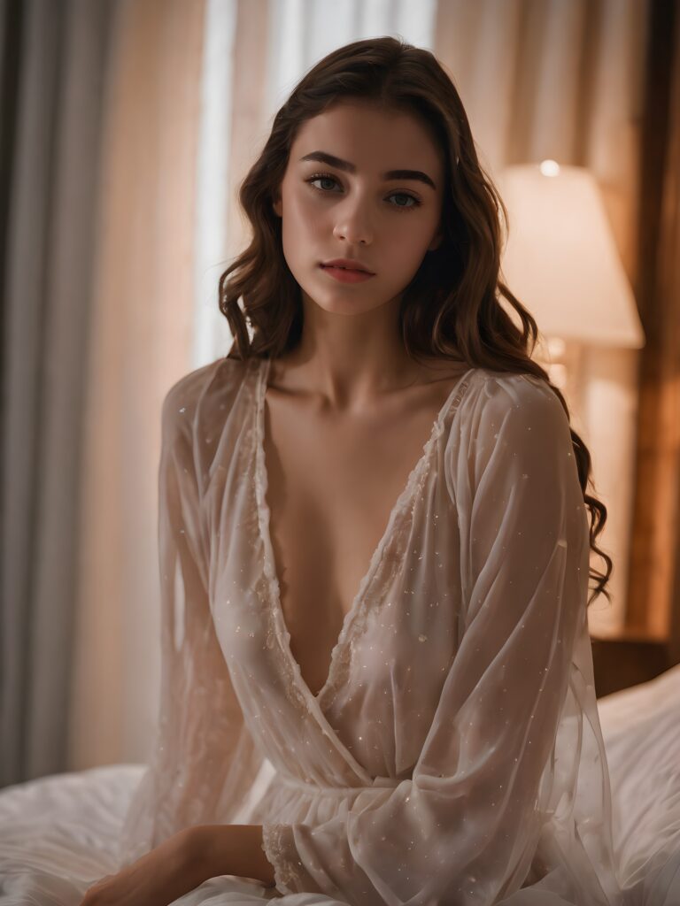 a young 18-years-old babe, getting ready for bed in a short, translucent low cut nightgown.