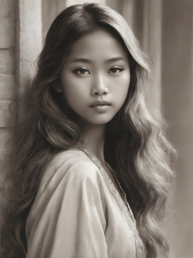 a breathtakingly (((realistic portrait))), capturing the essence of youthful beauty, featuring a (((Burmese teen girl))) who exudes (((serene elegance))), with long, flowing (((straight hazelnut hair))), and a (((flawlessly detailed angelic face))), where her (((soft, realistic hazelnut eyes)) ) gaze sadly towards the viewer from a (side perspective). She is clad in a (super short, sharply tailored (((white T-shirt))), cut from thin silk), with flawless anatomical proportions that draw the eye, against a (subtle, uncluttered backdrop of white). The overall atmosphere evokes a (cinematic sophistication) that exudes timeless appeal.
