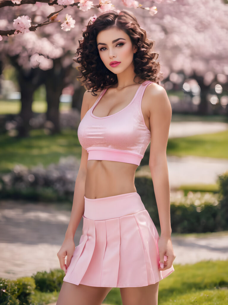((full body)) ((cute)) (((gorgeous)) ((stunning)) a (((beautiful babe))), with flowing, (((dark curls))), (((full lips))), (((round angelic face))), dressed in a (((pink short sport top))), (((short pink mini skirt))), posing in an cherry blossom