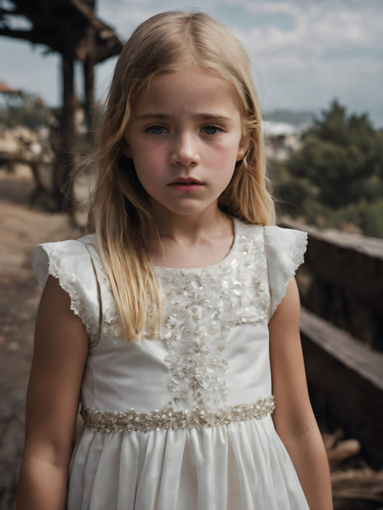 an ultra definition and ultra high quality (((professional photograph))), capturing an incredibly detailed and realistically heartbreaking extreme sadness with a 10-year-old girl, where her untucked, luxuriously long, straight, thick, and naturally white golden blonde hair falls elegantly down.