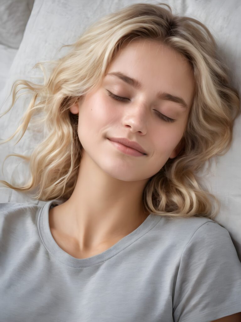 a very nice young girl is sleeping, portrait shot, her blond messy hair falls over her shoulders, warm smile, closed eyes, she wears a grey t-shirt