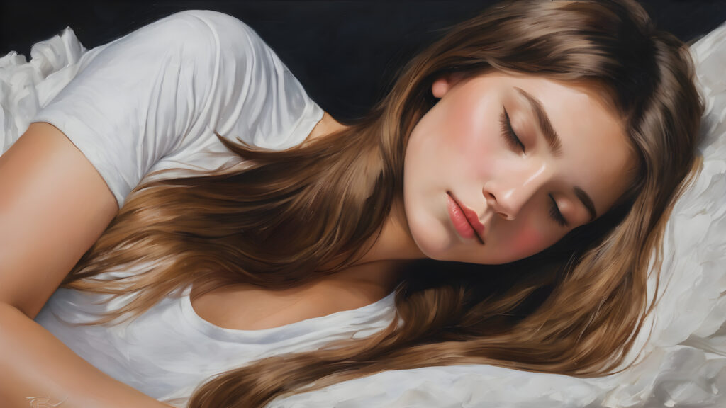 (((cute))) (((long, straight hazelnut hair))) ((stunning)) a (((professional night photograph))) sleeping in a comfortable bed, closed eyes, ((teen girl)), 15 years old, bangs cut, realistic detailed angelic round face, ((realistic detailed)), (wears a super short tight (white t-shirt) made on thin silk)