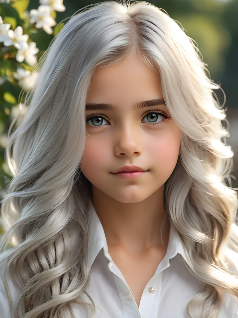super realistic, detailed portrait, a beautiful young girl with long silver hair looks sweetly into the camera. She wears a white shirt