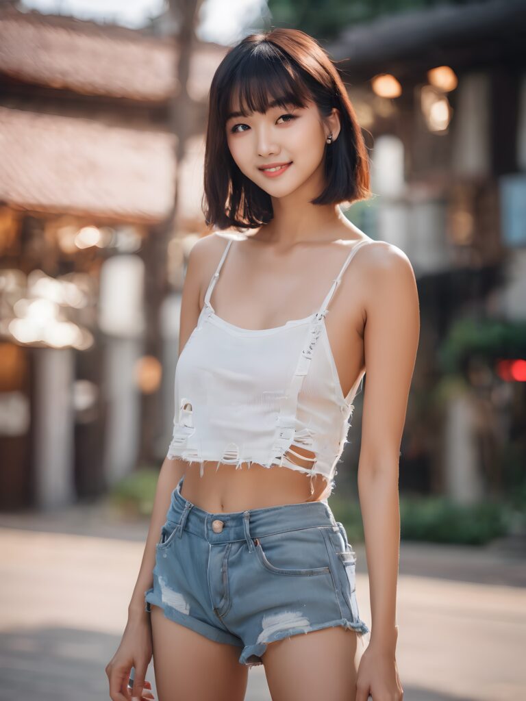((stunning)) ((gorgeous)) cute Asian tomboys, wearing loose fitting spaghetti crop tops and tattered shorts, smiling and flirting with you, straight hair, bangs cut, perfect curved body, side view