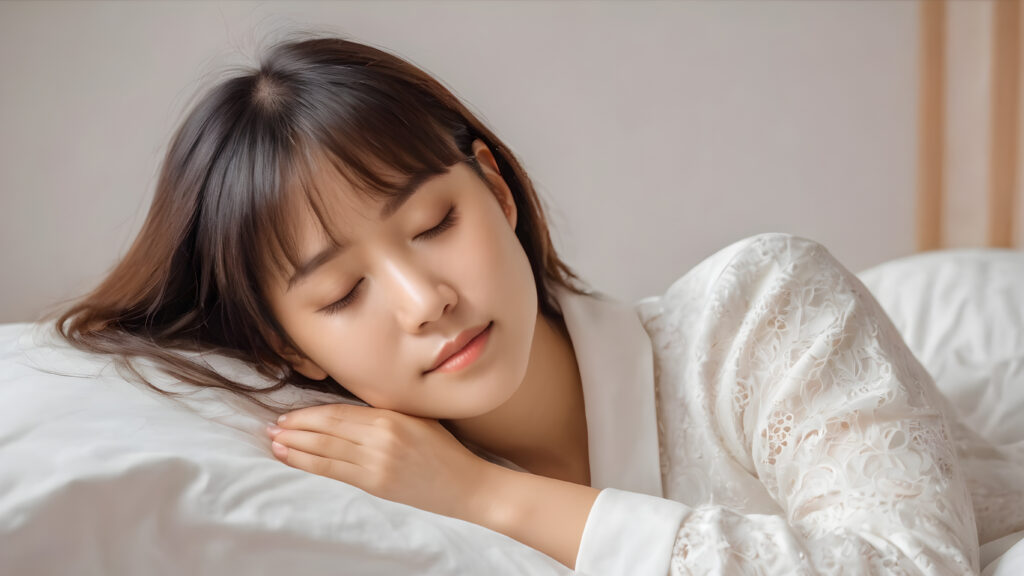 portrait of a cute sleeping Asian girl, black straight hair, bangs cut, white night suit, closed eyes, in an comfortable bed