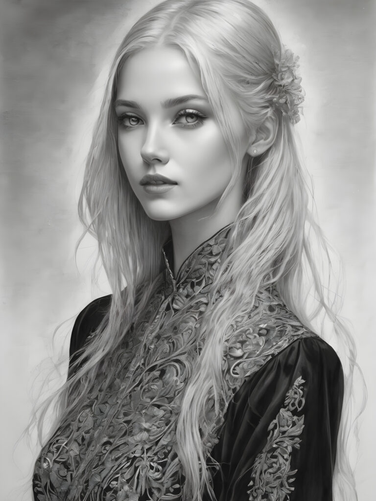 ((portrait)), detailed pencil drawing, silvery-skinned (((young girl))), long straight platinum hair, (((black thin and short dress)))