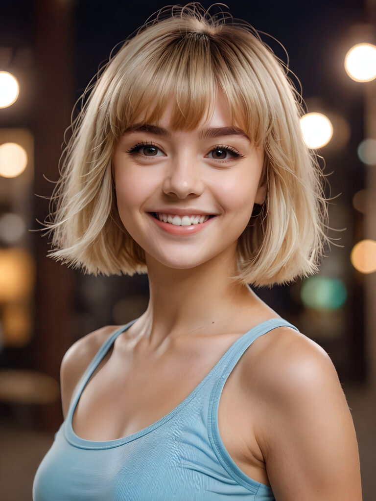 a (((young girl))), smile very happy, (wears a short crop tank top), perfect curved body ((perfect portrait)), ((hairstyle))