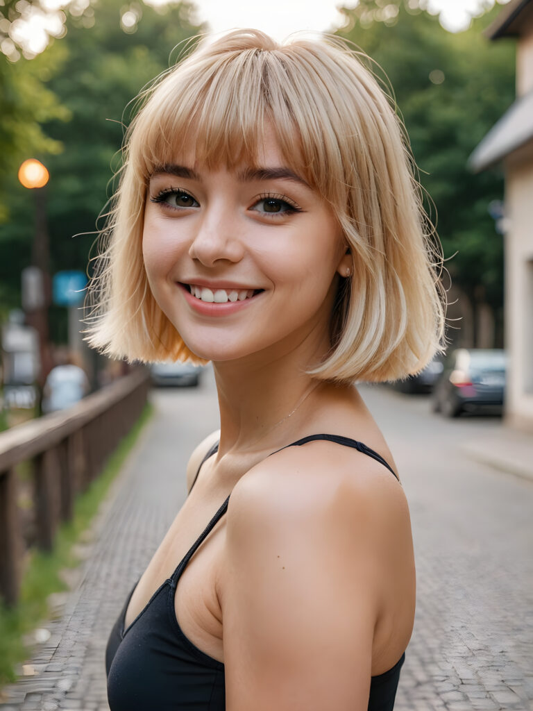 a (((young girl))), smile very happy, (wears a short crop tank top), perfect curved body ((perfect portrait)), ((hairstyle))