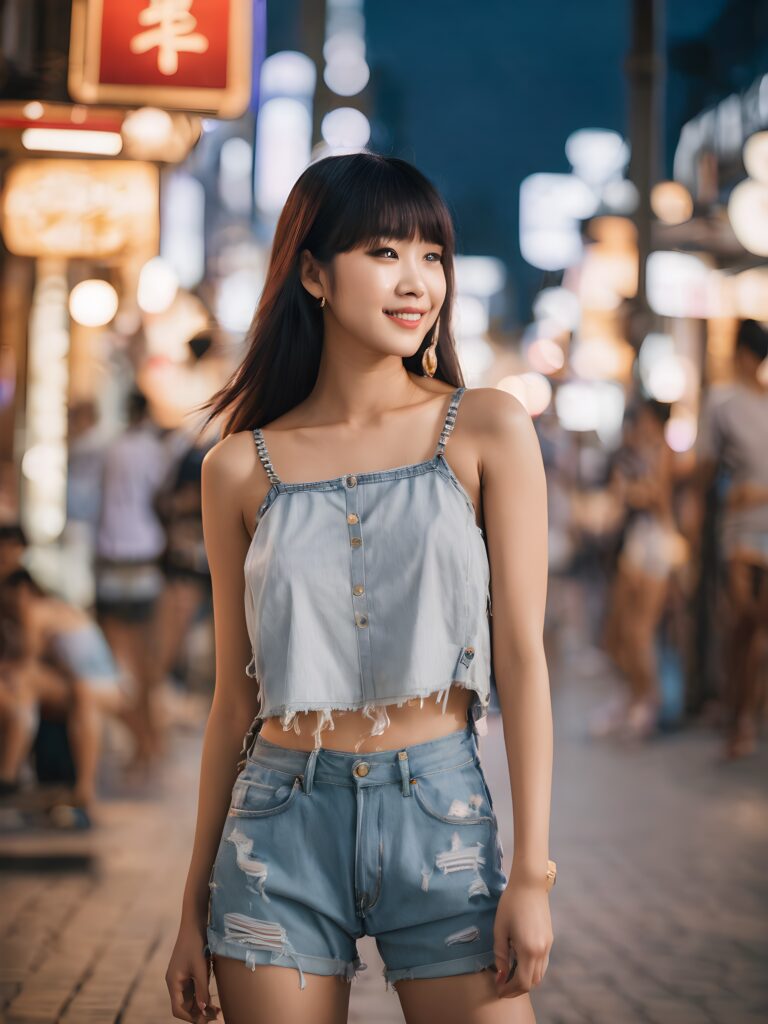 ((stunning)) ((gorgeous)) cute Asian tomboys, wearing loose fitting spaghetti crop tops and tattered shorts, smiling and flirting with you, straight hair, bangs cut, perfect curved body, side view