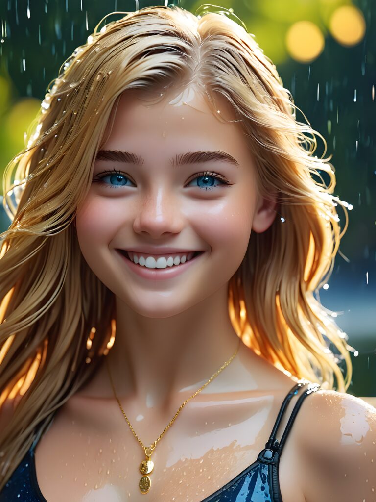 ((realistic, detailed)) ((stunning)) portrait, a young teen girl, 16 years old, perfect curved body, smile, straight gold hair, blue eyes, detailed face, wet hair, wet skin, wet body