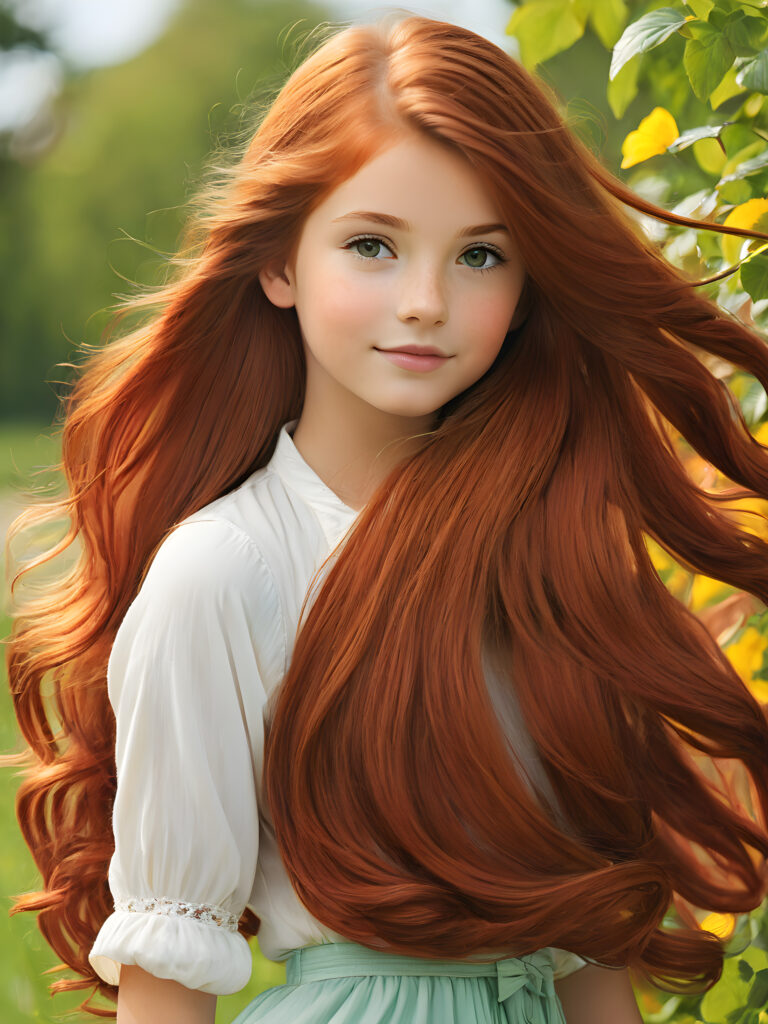 a girl with long auburn hair