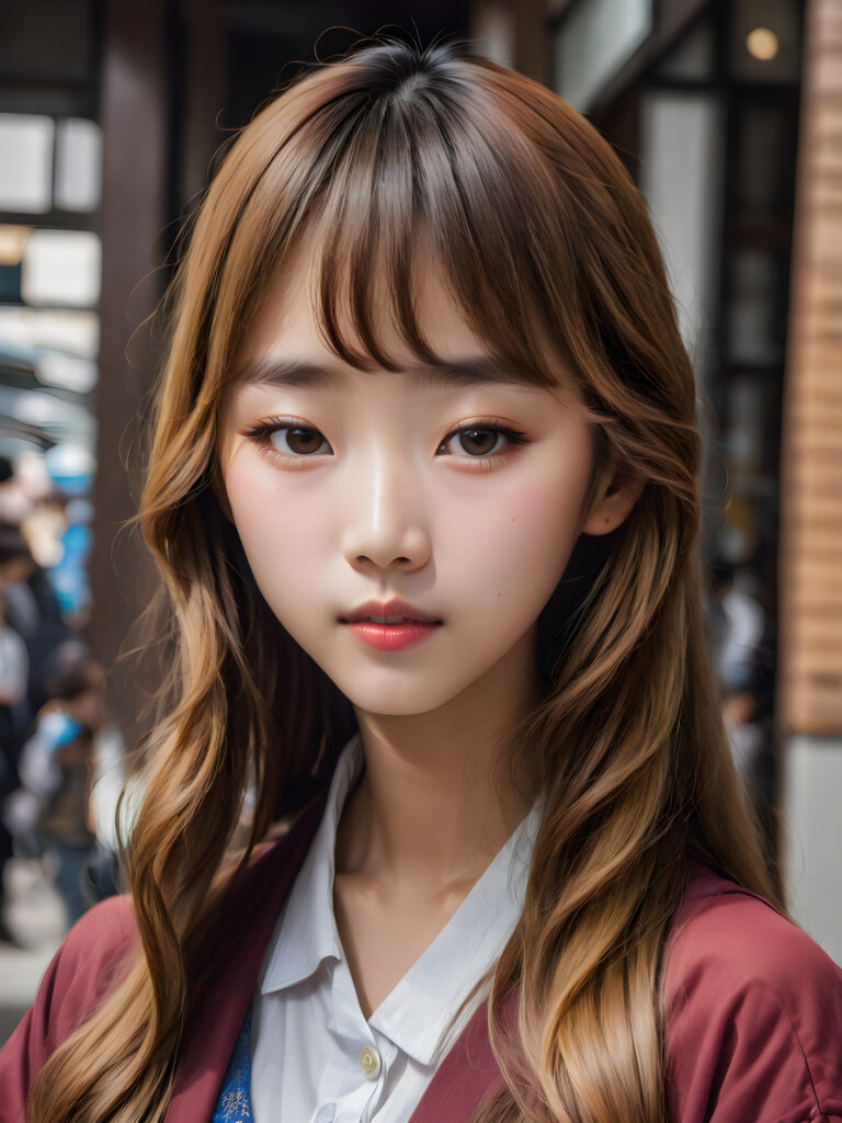 a Korean girl with long wavy brown hair and long straight blonde bangs