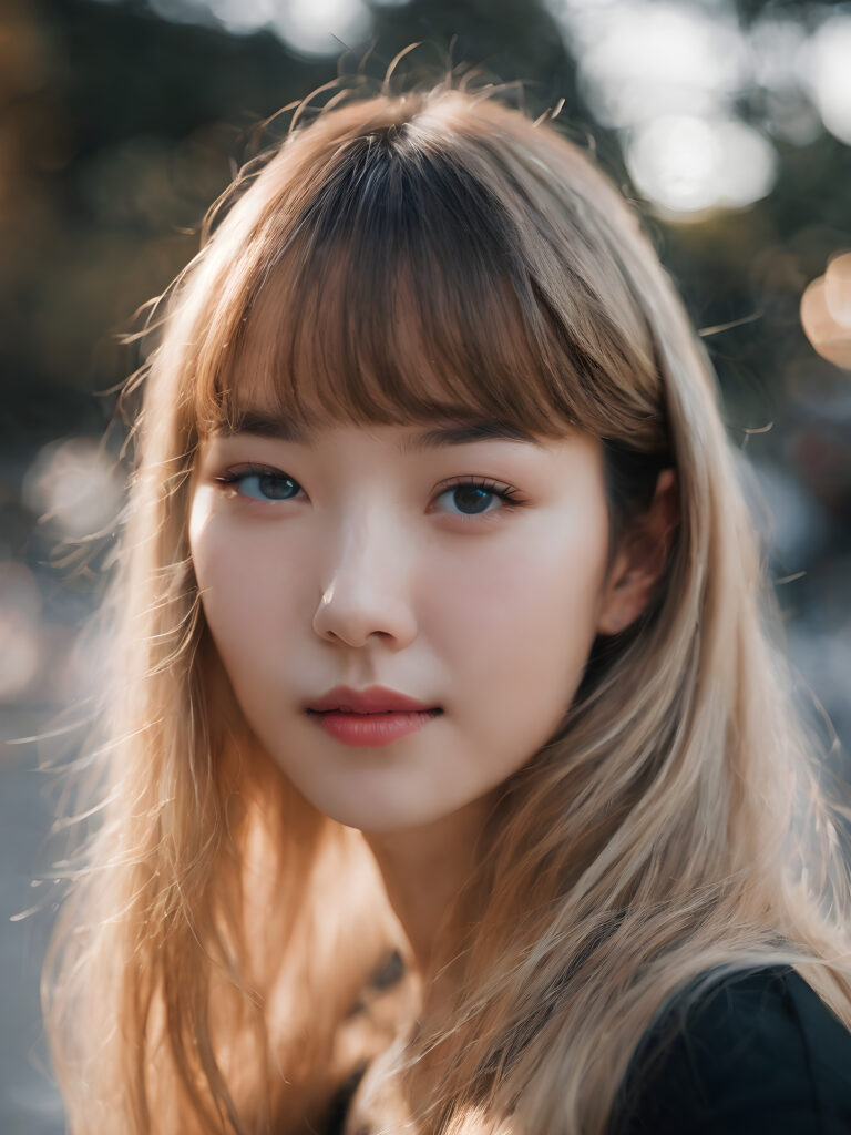 a stunning portrait (((ultra realistic professional photograph))) ((cute)) ((gorgeous)) excellently capturing an amiable, young Korean girl, crop top, blond long straight hair, bangs cut, full lips, blue eyes, smile, side view