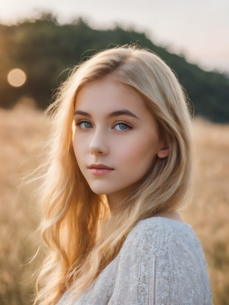 a beautiful young teen girl with golden blonde hair and big saucer eyes looks sweetly into the camera