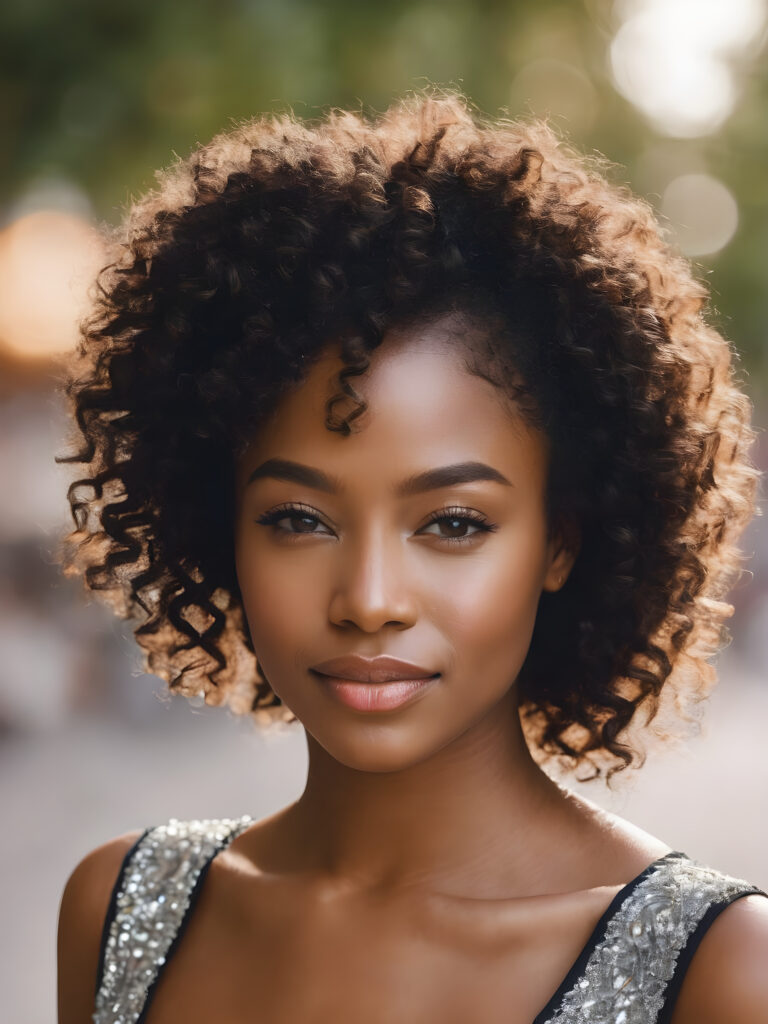 ((portrait)) ((stunning)) detailed, a beautiful young happy melanin girl, curly hair