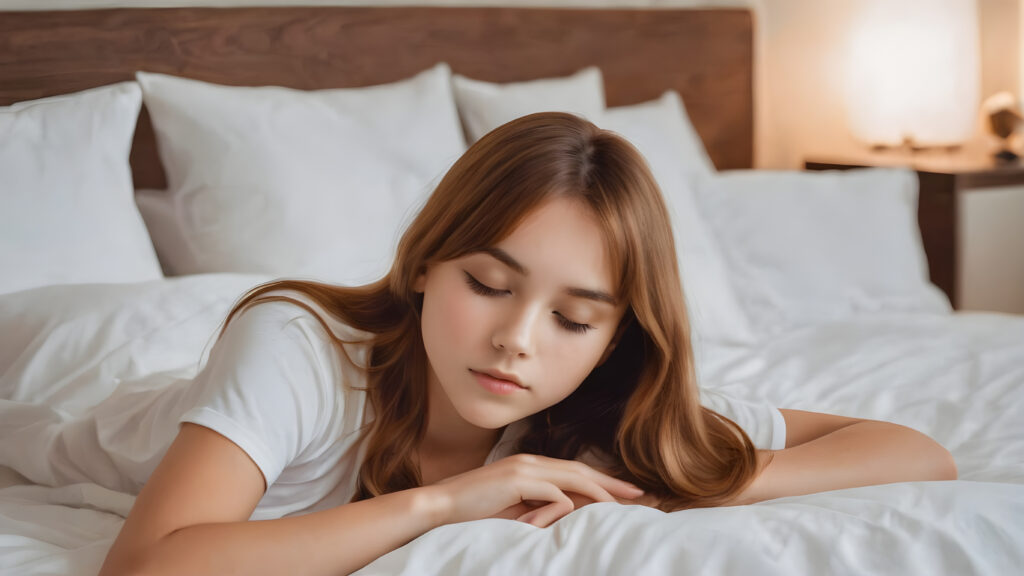 (((cute))) (((long, straight hazelnut hair))) ((stunning)) a (((professional night photograph))) lies on the bed and sleeping in a comfortable bed, holding a pillow, closed eyes, ((teen girl)), 15 years old, bangs cut, realistic detailed angelic round face, ((realistic detailed)), (wears a super short tight (white t-shirt) made on thin silk)