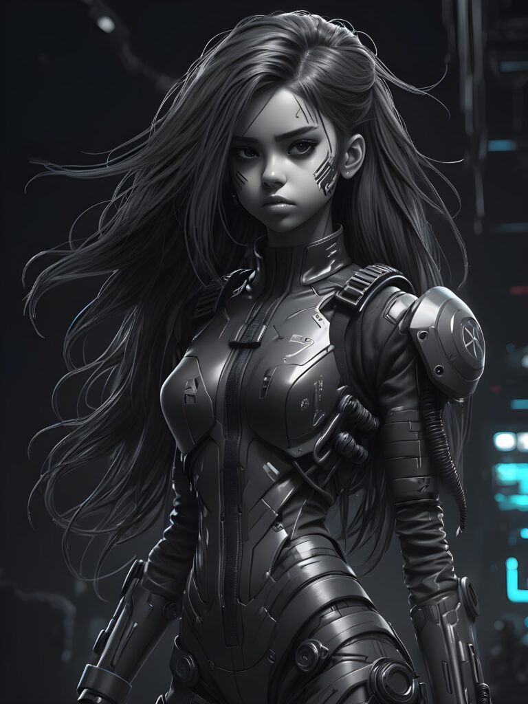 ((detailed)) a dark young girl in a battle suit in cyber punk style, she has long hair, full body shot, black and white pencil draw