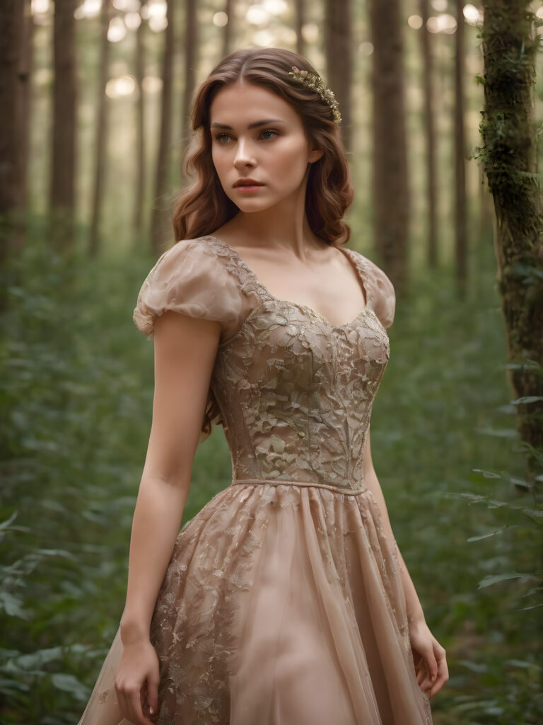 a busted girl posed in enchanted forest, thin elegant dressed, brown hair, detailed, perfect curved body, upper body, side view