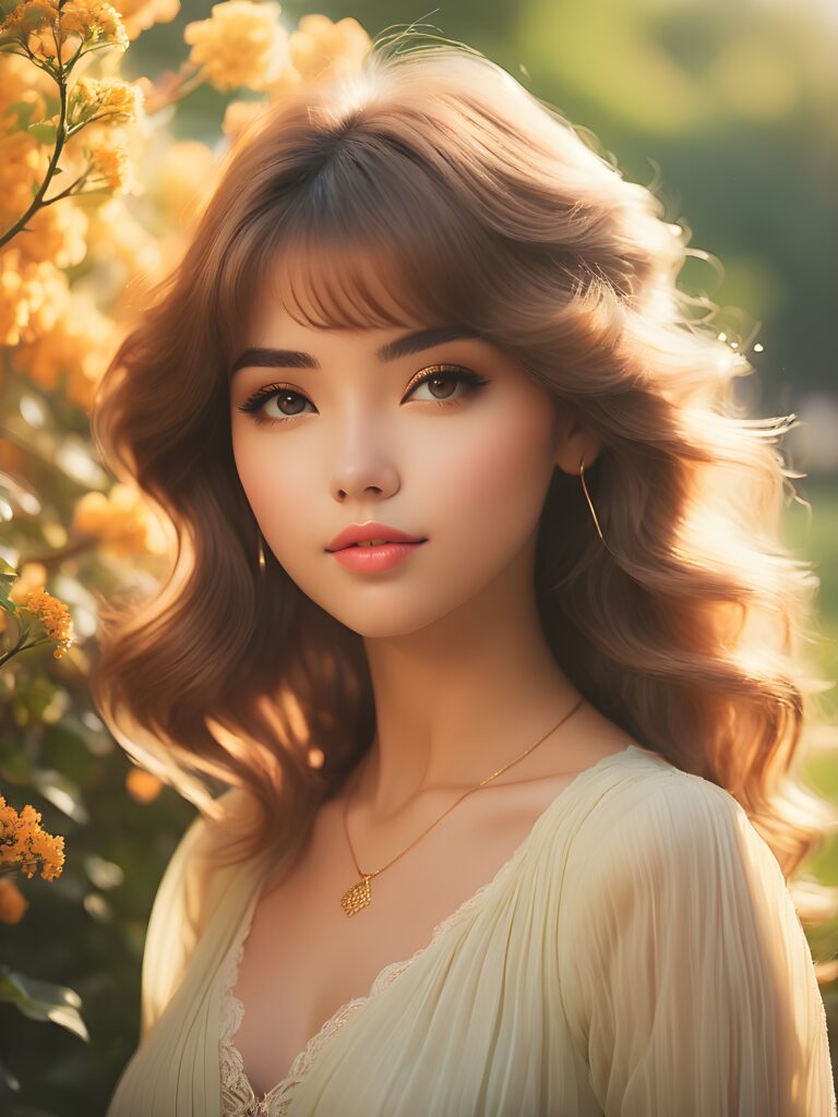 a (((photo realistically capturing beautiful girl))) with a soft focus and a hazy aura, evoking a sense of enchantment and fantasy that complements the atmosphere of a (romantic novel) 1970s vibe