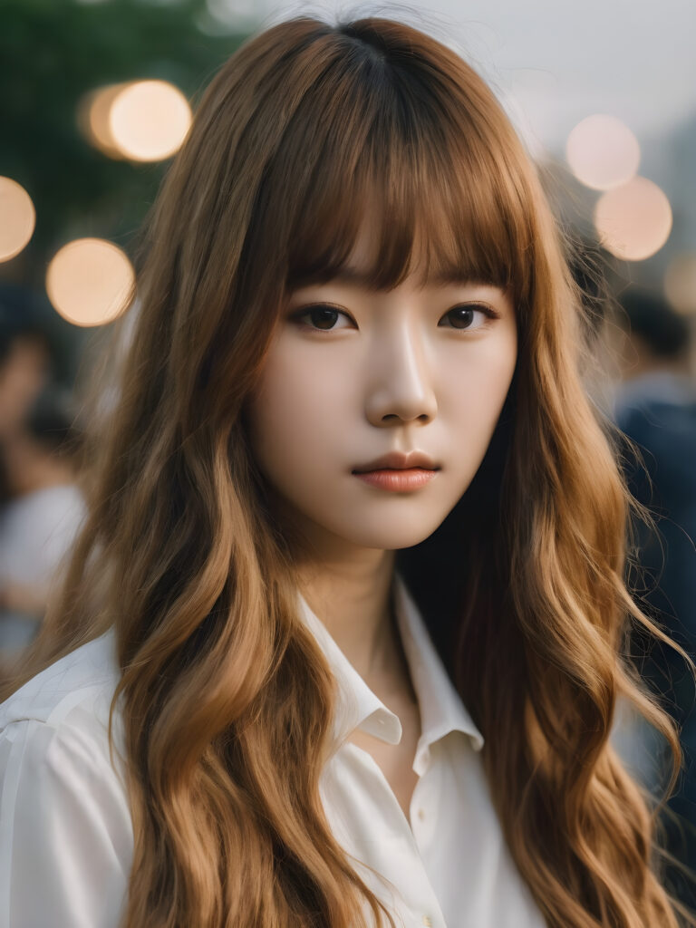 a Korean girl with long wavy brown hair and long straight blonde bangs