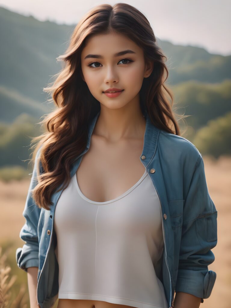 a (((tomboy teen girl))) with long, (((realistically detailed hair))), poised in a (((cinematic light setup))) for a portrat-shot, her face radiant with happiness, featuring a (((flawlessly detailed round face))), a (((short form fitting crop top))) that showcases her perfect physique, and (((realistic details))), such as a (((curvy yet toned silhouette))), all against an (((empty, high-key backdrop))).