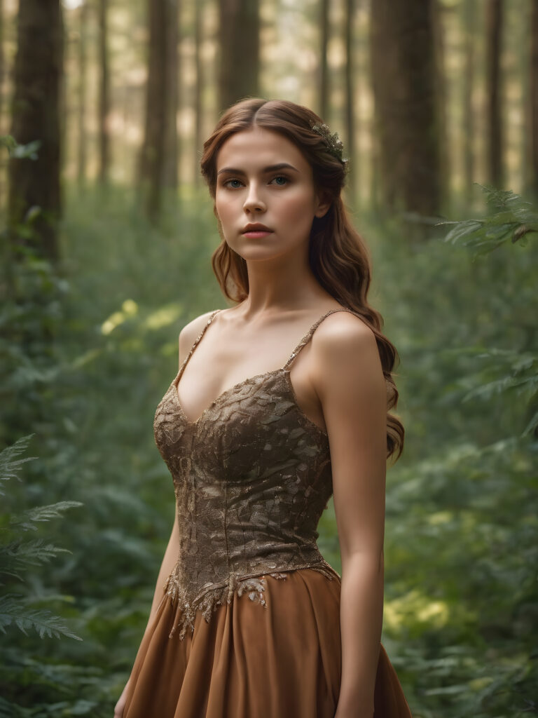 a busted girl posed in enchanted forest, thin elegant dressed, brown hair, detailed, perfect curved body, upper body, side view