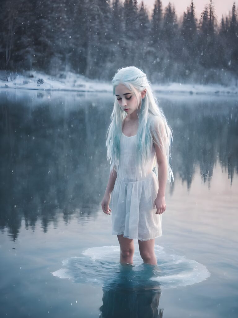 a girl with white shimmering hair standing into the water, sadness swells inside of her, she steps onto the lake, turning the lake with every step into ice, she is glowing