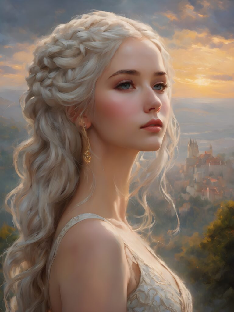 visual representation of a (((masterpiece with intricate patterns and realistic brushstrokes))), featuring extremely long, drawn out White hair styled in an (((intertwined line art hairstyle))), evoking an ethereal essence against a backdrop of (softly falling clouds) and a luxurious, medieval-esque castle with (dramatic lighting) casting a luminous glow on an angelically cute face, exuding a sense of melancholy