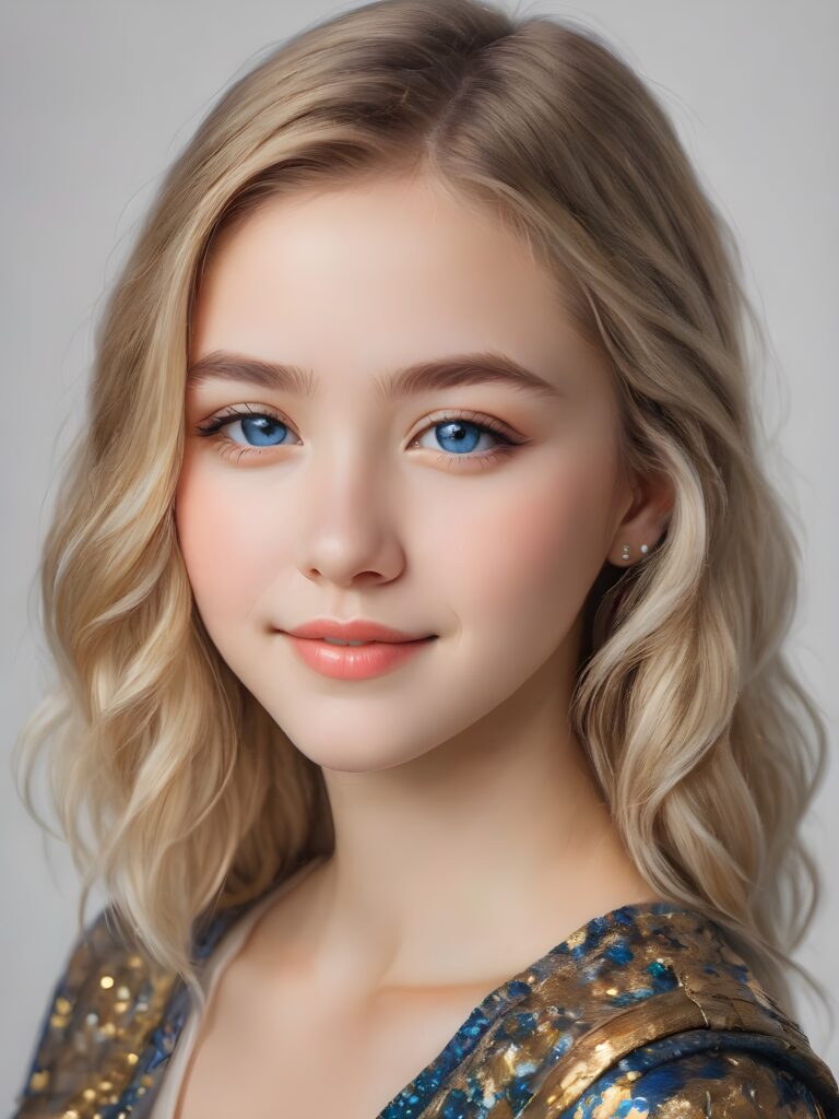 ((realistic, detailed)) ((stunning)) portrait, a young teen girl, 16 years old, perfect curved body, smile, straight gold hair, blue eyes, detailed face