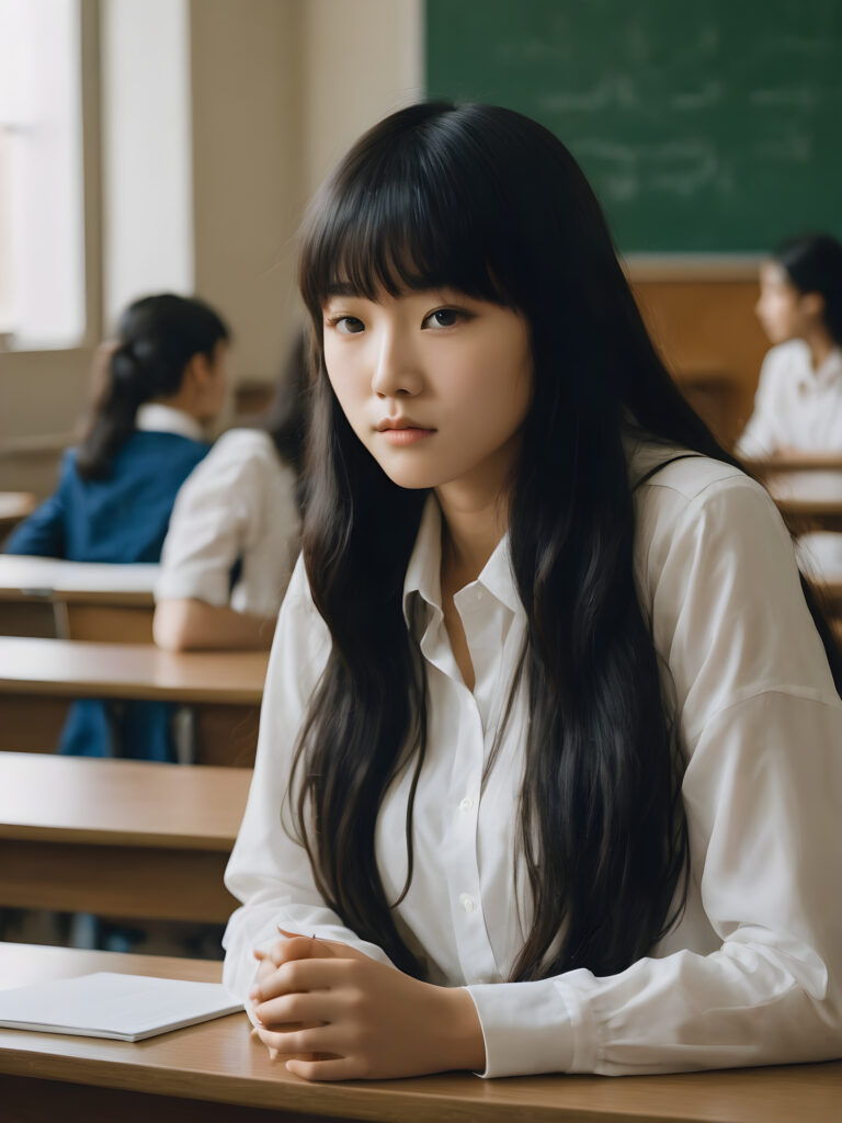 a cute Korean school girl with long wavy black hair and long straight bangs, white shirt, sitting alone in classroom