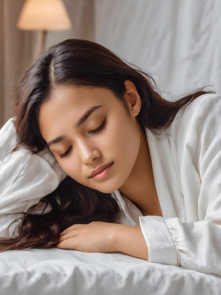 a very nice young Exotic girl is sleeping, portrait shot, her hair falls over her shoulders, warm smile, closed eyes, she wears a white night suit