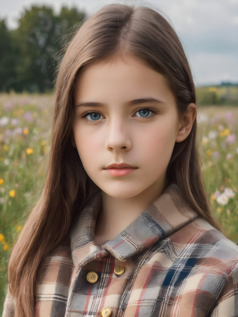 a detailed perfect portrait with pastel colors, young girl, 13 years old, stands in a flower meadow. She wears a ((checkered coat in brown and grey)) and black shirt, she look at the viewer, detailed shiny straight brown hair, blue eyes, round detailed face