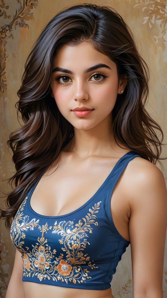 A beautiful, (((Persian youth))) with a sleek, (((close-up upper body))), intricate details like curves and contours popping against an (((empty backdrop))), exuding an (((intoxicating aura))) that draws the eye, capturing essence of both (((cuteness))) and (((staggering beauty))) with shoulder-length hair and a (((tight crop tank top))) that blends into a (((hyperrealistic painting))).