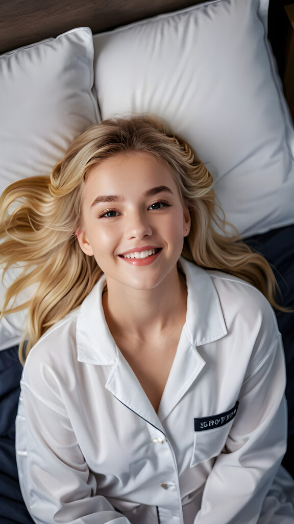 a (((beautiful young teen girl))), lying in a bed (((detailed perspective from above))), clad in a (((night suit))), with delicate features and (full, kissable lips), blonde straight hair, white teeth, smile