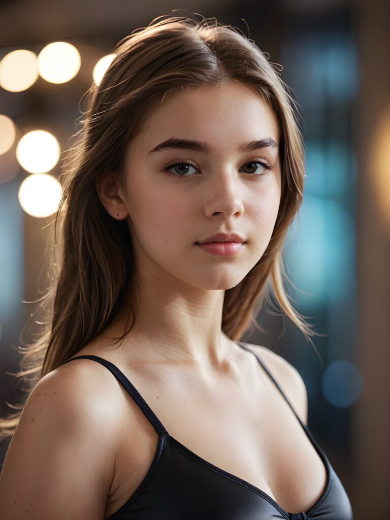 A (((beautiful young teen girl))) with a sleek, ((upper body close-up)), showcasing elegant details like curves and contours