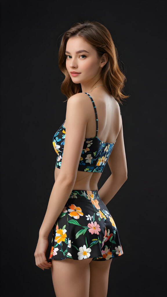 a (((beautiful young girl))), dressed in a (((short, floral-patterned crop top))), round mini skirt, with a figure that embodies the carefree spirit often associated with her age, capturing the essence of a sunny mood and a perfect, youthful form, under (((softly dimmed light))), against a (((black backdrop))), advancing the scene's vibrant atmosphere ((side view))